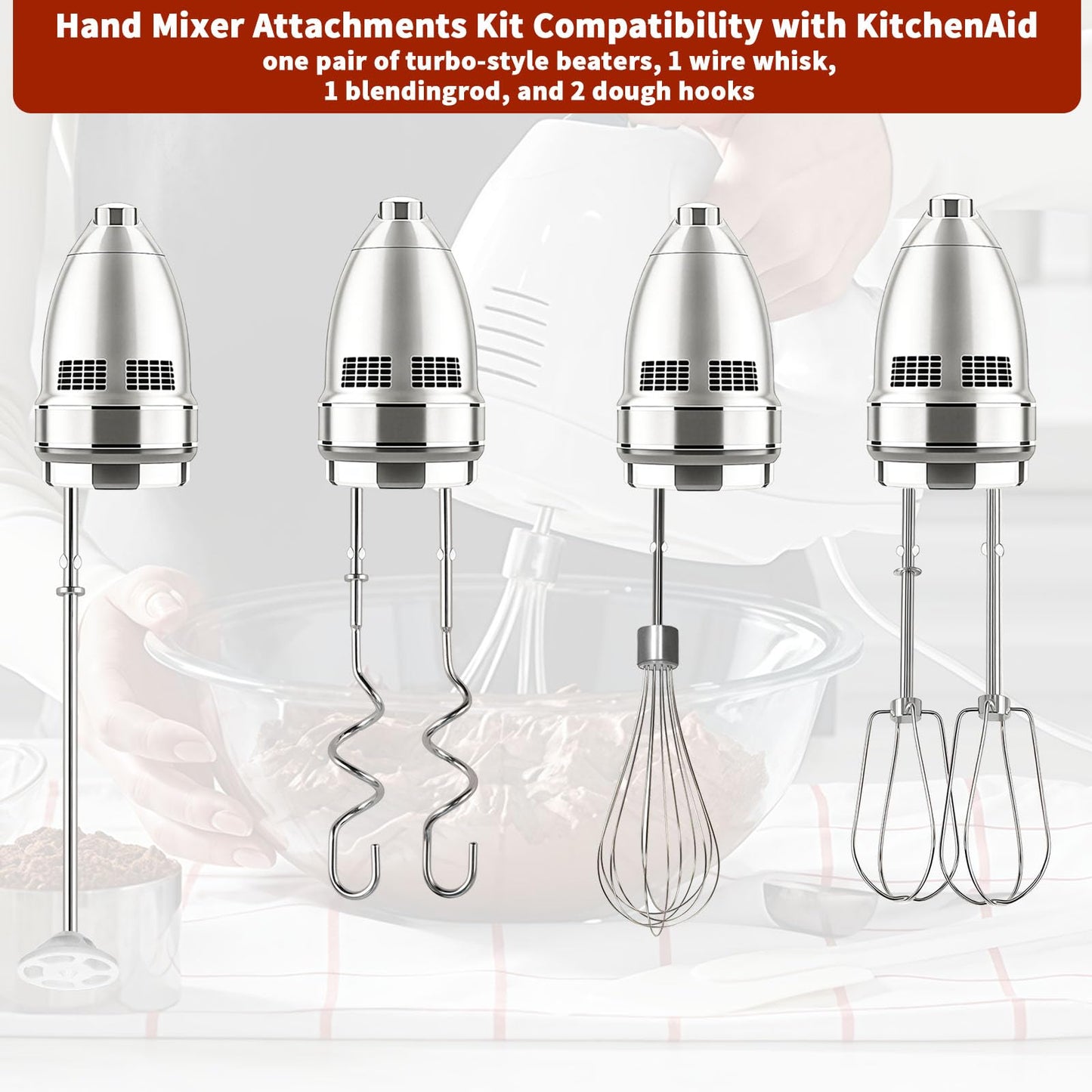 Hand Mixer Beaters Attachments for KitchenAid KHM512 KHM6118 KHM7210 KHM926, Including Turbo Beater, Pro Whisk, Dough Hooks, Blending Rod, Set of 6