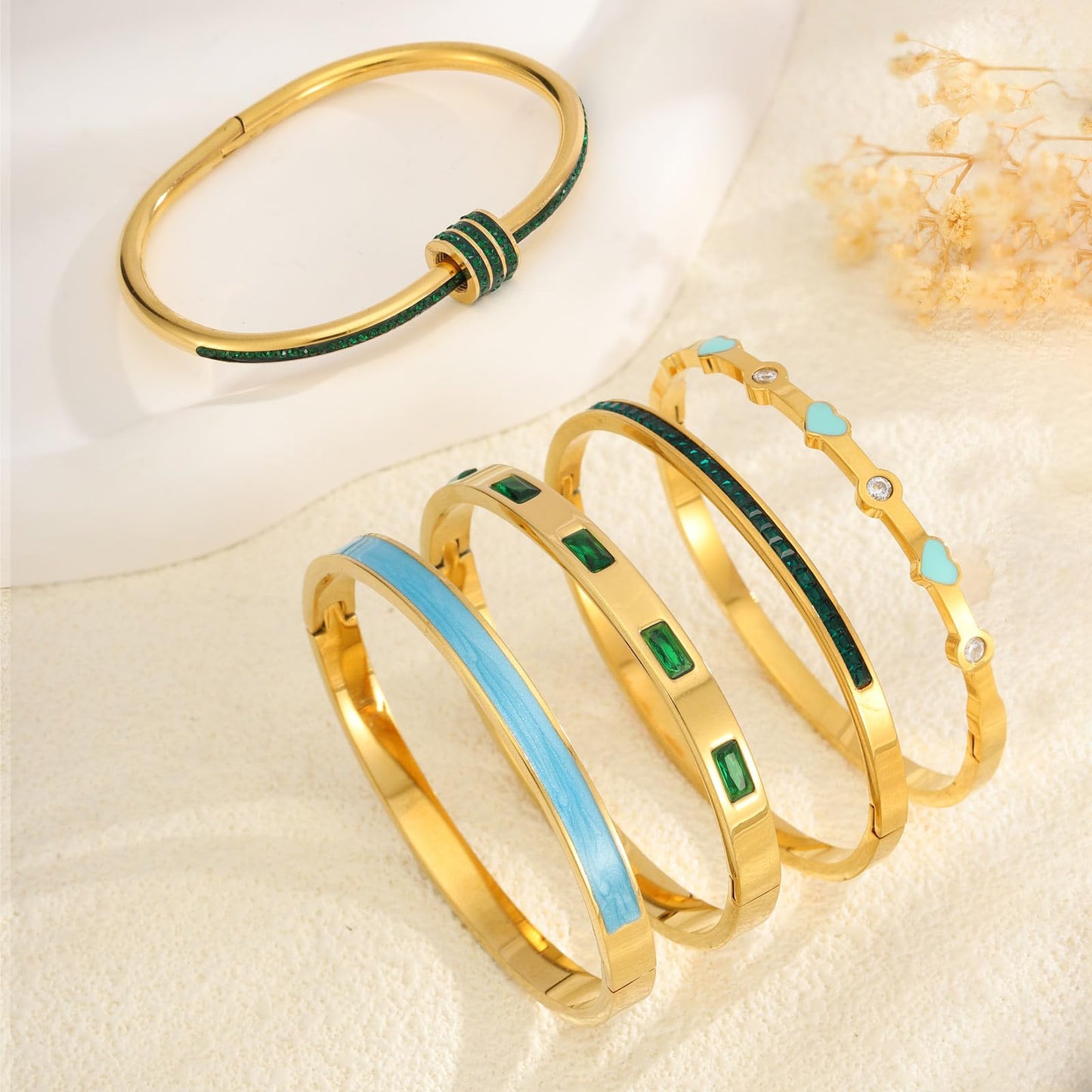 Camhanno 18K Gold Plated Stainless Steel 5-Piece Gold Bangle Bracelet Set for Women - Pink Crystal Friendship & Love Heart Design, Stackable Bangles Jewelry - Ideal Birthday Gift for Women (Green)
