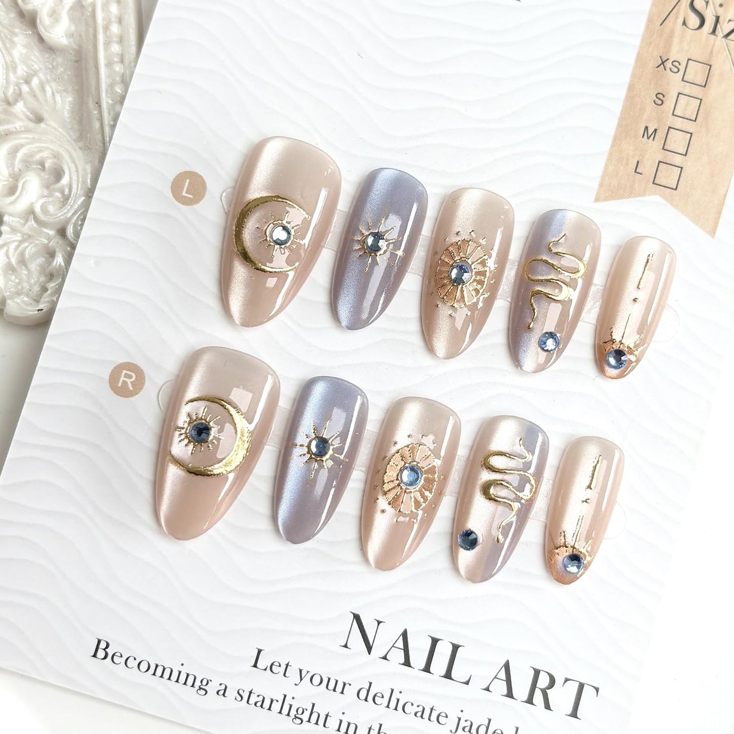 30Pcs Gold Star Press on Nails Medium Almond Fake Nails with 3D Blue Rhinestones Designs Glue on Nails Cute Moon Acrylic Nails Gold Snake French False Nails Bohemian Style Stick on Nails for Women