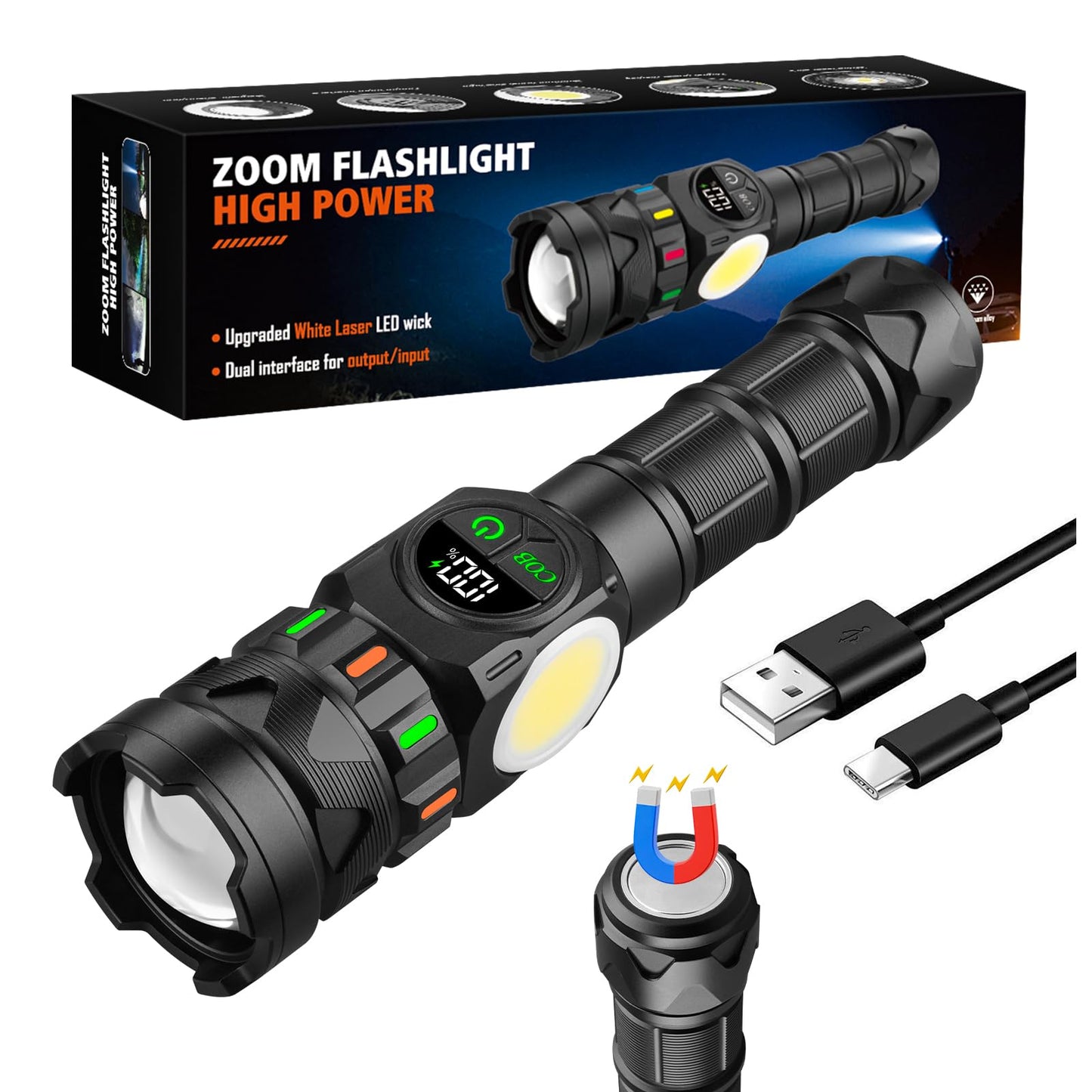 Rechargeable Flashlights High Lumens 5000 Long Distance, Super Bright LED Flash Lights with COB Sidelight USB C LCD Display, Daul Light Source & Buttons with Red Light, for Camping Hiking Emergency