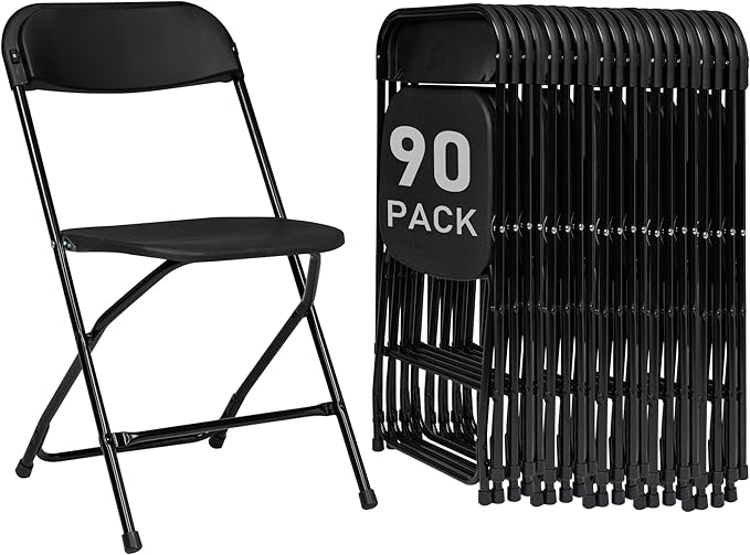 90 Pack Black Plastic Folding Chairs, Portable Party Chairs, Stackable Commercial Seats with Steel Frame for Home Office Wedding Party Indoor Outdoor Events Chairs, 350lbs Capacity
