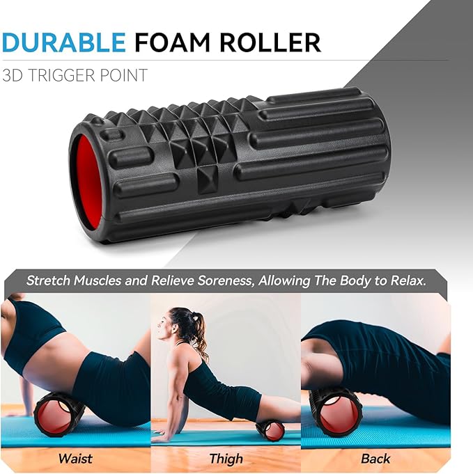 5 in 1 Foam Roller Set, Trigger Point Back Roller, Muscle Roller Stick, Massage Ball, Massage Roller, Resistance Band for Deep Tissue Massage Fitness Exercise Yoga Pilates(Black)