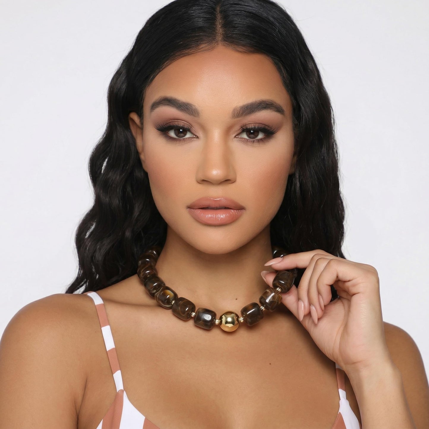 BREPINE Brown Chunky Necklaces for Women Multicolored Large Square Resin Beads Necklace Trendy Bold Statement Beaded Summer Candy jelly Vacation Choker