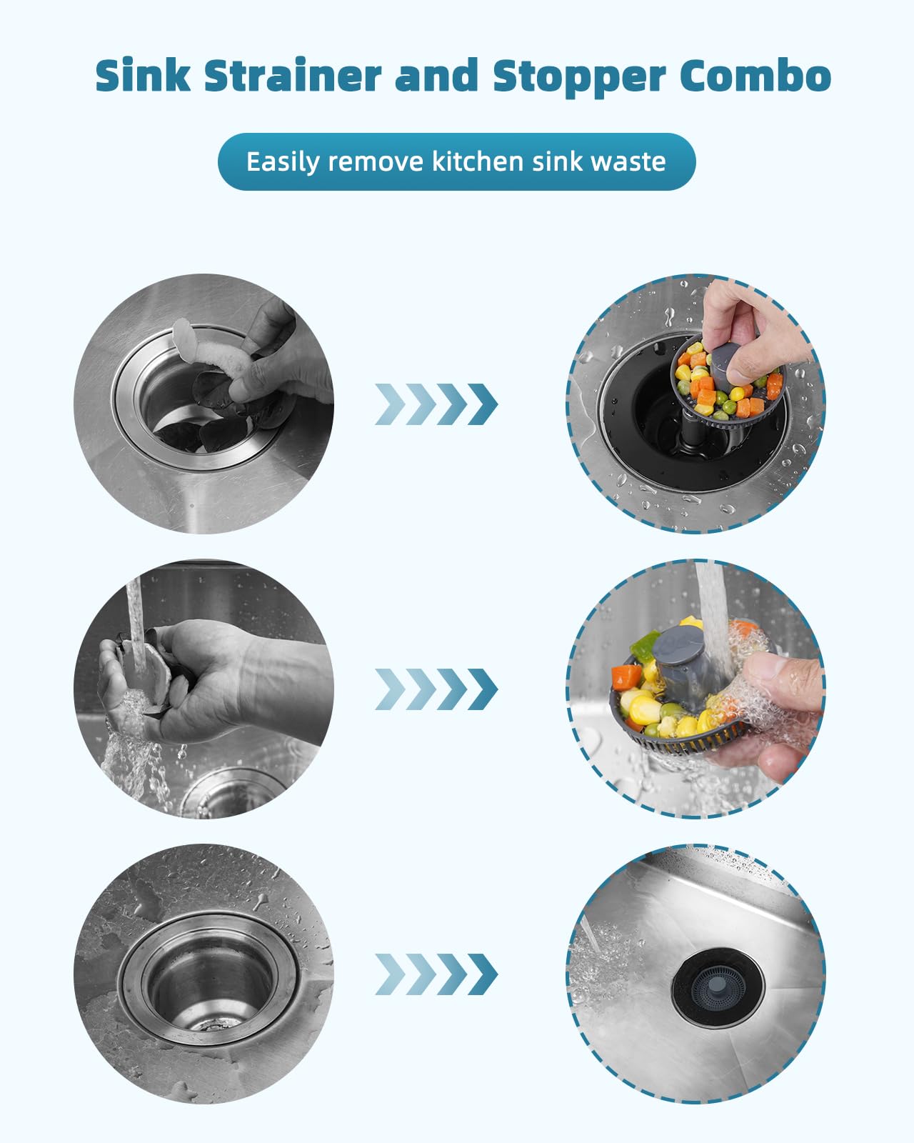 Universal 3 in 1 Kitchen Sink Drain Strainer Stopper Combo, Black Stainless Steel Shell Pop Up Sink Stopper for US Standard 3-1/2 inch Drain Filter, Anti-Clog and Easy Clean, Matte Black