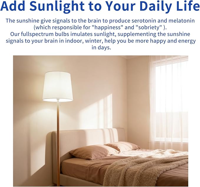 LQ BSDERA 3PK Full Spectrum Light Bulbs, 9W, 6000K Natural Light That Mimic Sunlight, Boosts Mood, Energy, Focus, A19, Sunlike Happy Light Bulbs with E26/27 Base for Most Lamps