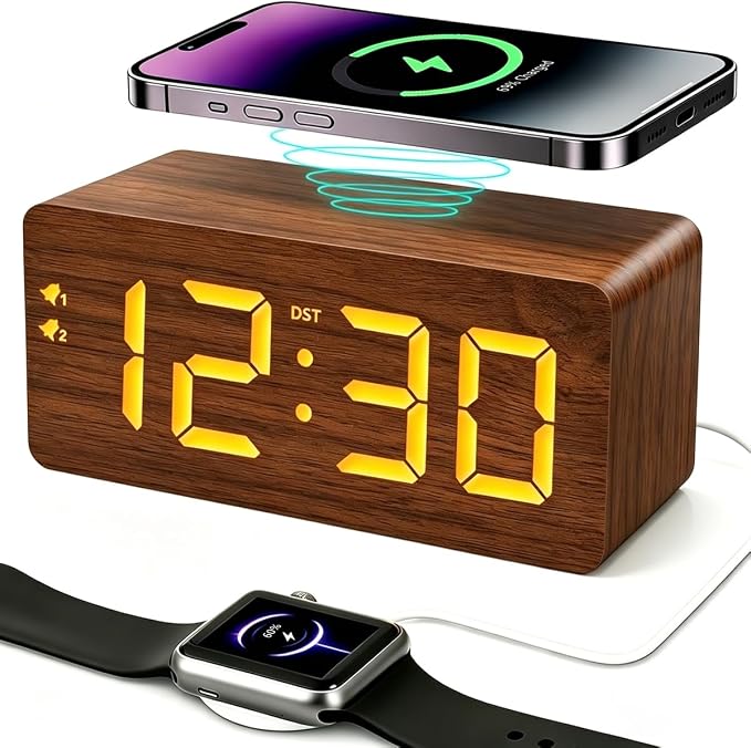 URAYCO Wood Digital Alarm Clock with 10W Fast Wireless Charger, USB Charging Ports, DST, Dimmable, Snooze, Large Number LED Display for Bedrooms, Desk, Living Room Table, Bedside, Nightstand (Brown)