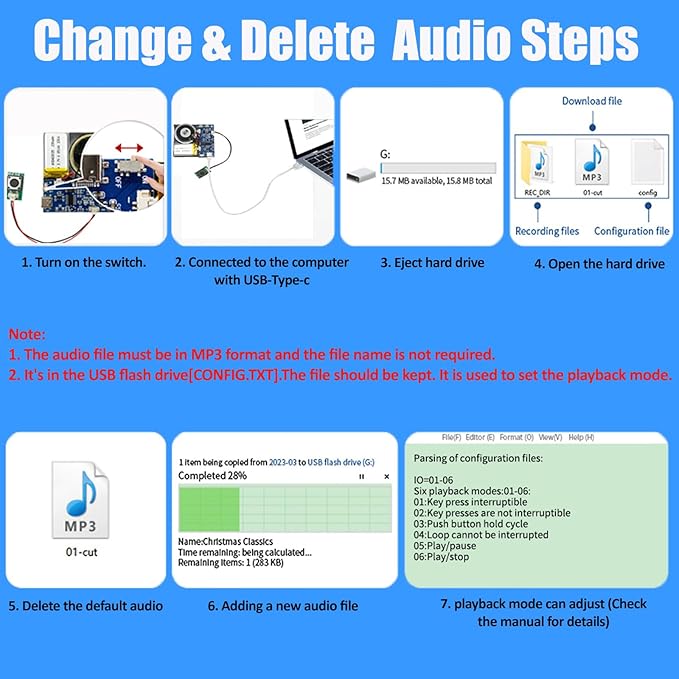 XLW Sound Module, 16MB Push Button Activated Sound Module with Speaker,Type-C Cable Charging, 16Min Easy Sound Recording Chip for Personalized Greetings, DIY Projects, Holiday Crafts ect.(Blue-10Pack)
