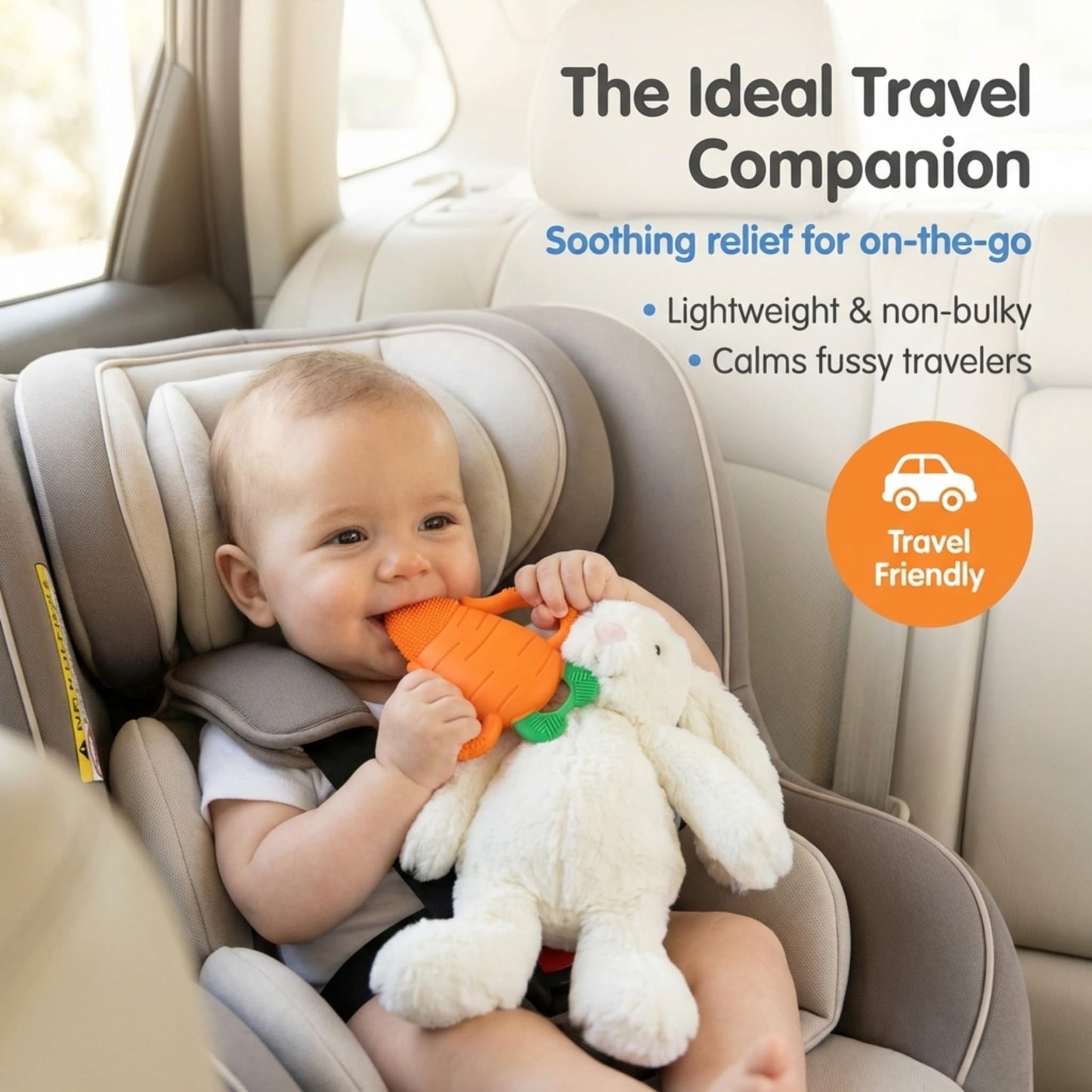 RaZbaby Bunny Snuggly w/Carrot Teething Relief Toy – Soothes Sore Gums w/Nature-Inspired Texture, 100% BPA-Free Silicone Teether, Soft Minky Stuffed Animal – All Ages