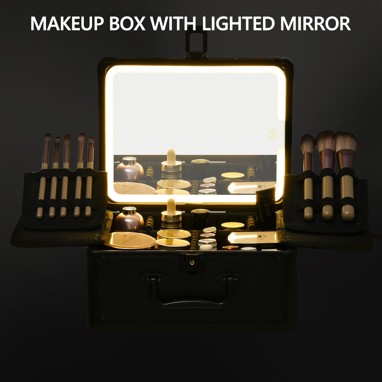 GALHUBIS Makeup Case with Lighted Mirror, Makeup Box Organizer with Detachable LED Mirror, Travel Makeup Train Case, Waterproof Cosmetic Organizer, Standing Makeup Brush Holder, Gift, Black Green