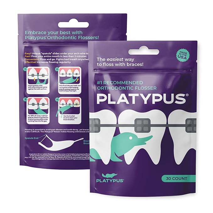 Platypus Orthodontic Flossers for Braces, 30 Count (Pack of 3), Ortho Picks for Adults & Kids, Fits Under Arch Wire, Non-Damaging, Encourage Flossing Habits