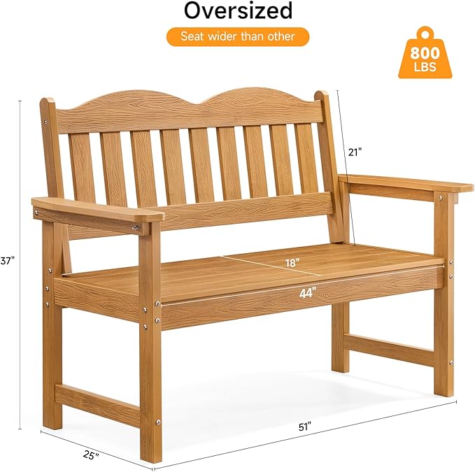 ONBRILL Outdoor Bench, 2-Person Poly Lumber Garden Bench with 800 lbs Weight Capacity, All-Weather Patio Bench with Armrests and Backrest for Garden, Porch, Backyard and Park, Teak