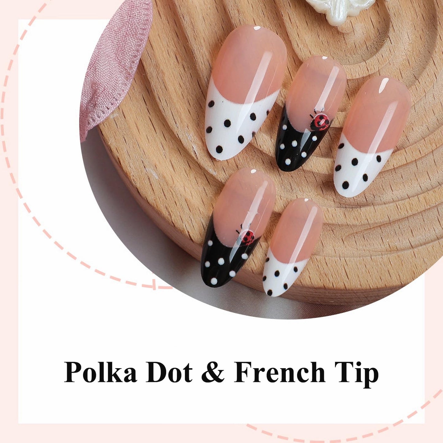 MISUD Press on Nails - Medium Almond Fake Nails with Black White Polka Dot, Acrylic Ladybug Design 24 pcs
