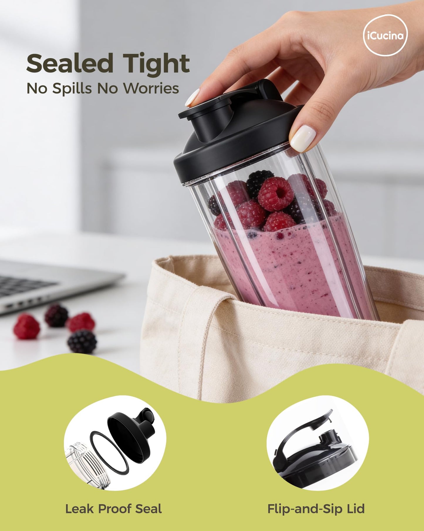 ICUCINA - 28 Oz Blender Cup Replacement with To-Go Lids, Cups for Protein Shakes, BPA Free Smoothie Cups (Pack of 2)