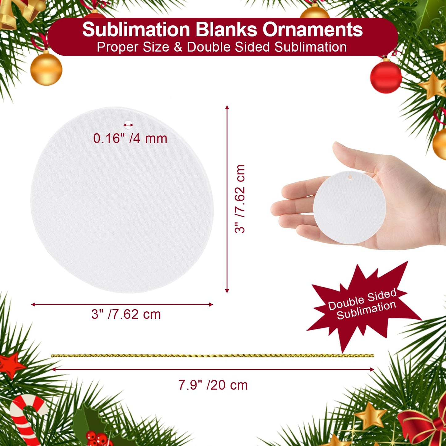 Sublimation Blanks Ornament Round 3" - 90 Sets Heat Transfer Items with Strings - Custom Double Sided Keepsake for Christmas Tree Home Decoration or Daily Memorial Gifts
