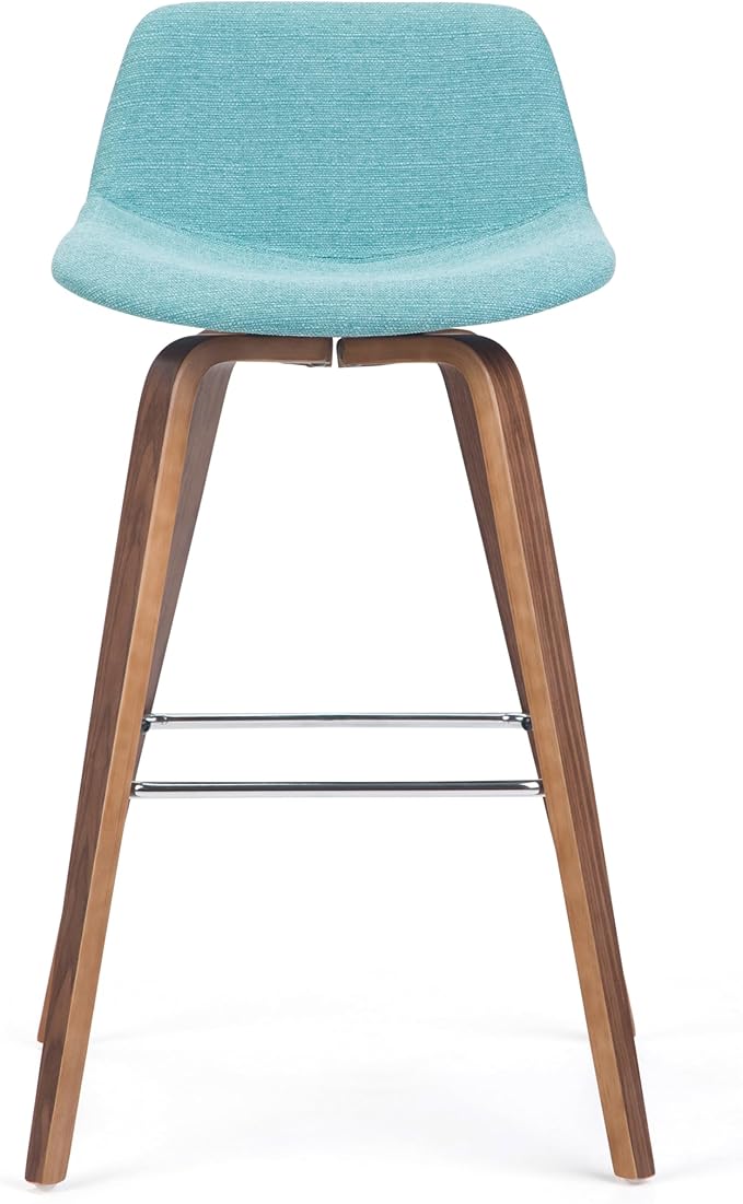 SIMPLIHOME Randolph Counter Stools (Set of 2) - 28 Inch Seat Height Upholstered Bentwood Kitchen Seats in Aqua Blue Linen Look Fabric, Mid Century Modern Seating with Curved Backrest and Footrest