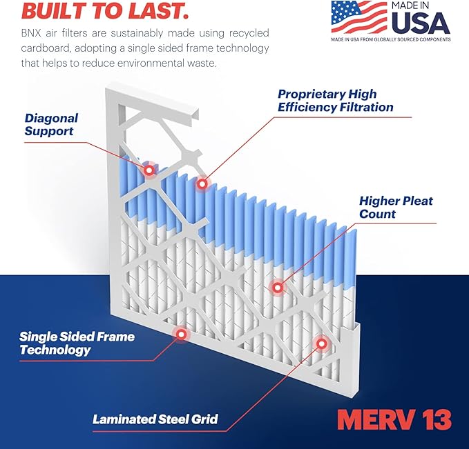 BNX TruFilter 14x20x1 Air Filter MERV 13 (6-Pack) - MADE IN USA - Electrostatic Pleated Air Conditioner HVAC AC Furnace Filters for Allergies, Pollen, Mold, Bacteria, Smoke, Allergen, MPR 1900 FPR 10