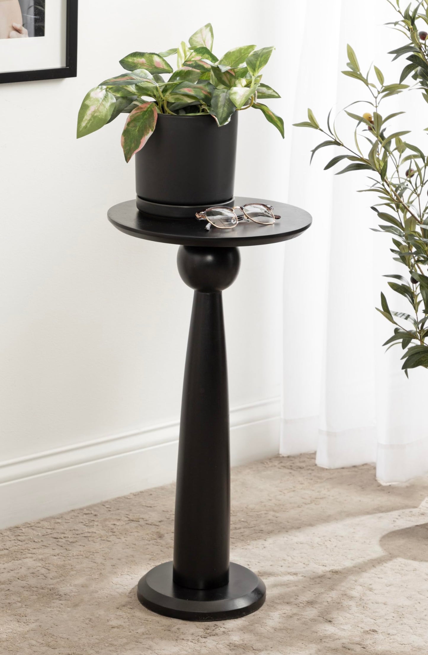 Kate and Laurel Jakob Modern Wooden Round Side Table; 12 x 24; Black; Circle Pedestal Table for Use as Bedroom Nightstand; Indoor Plant Stand; or Decorative Living Room Table