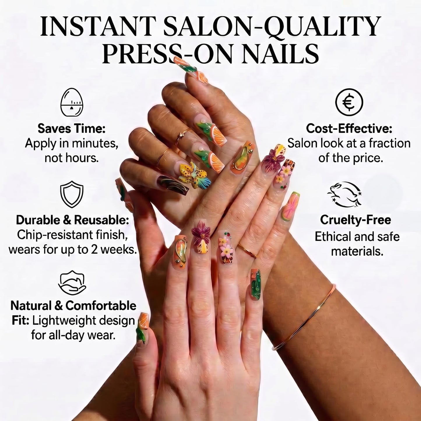 IMRAIN Square Press on Nails, Long Fake Nails, Colorful 3D Flower Tropical Fruit Leopard, 24 Pcs Reusable Glue on Nails for Women, Salon Quality