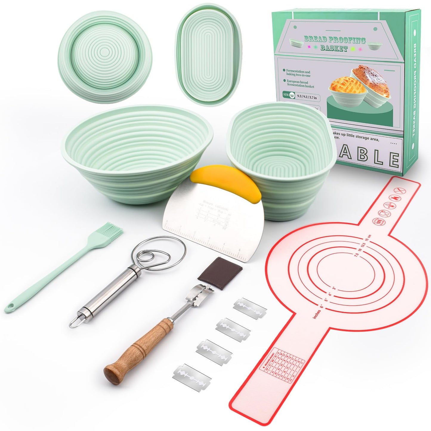 NCRexpanse Silicone Banneton Bread Proofing Basket Oval, Sourdough Starter Kit, Bread Making Tool Supplies Accessories, Bowl for Rising Baking Round Brotform Set Homemade Essentials (Light Green)