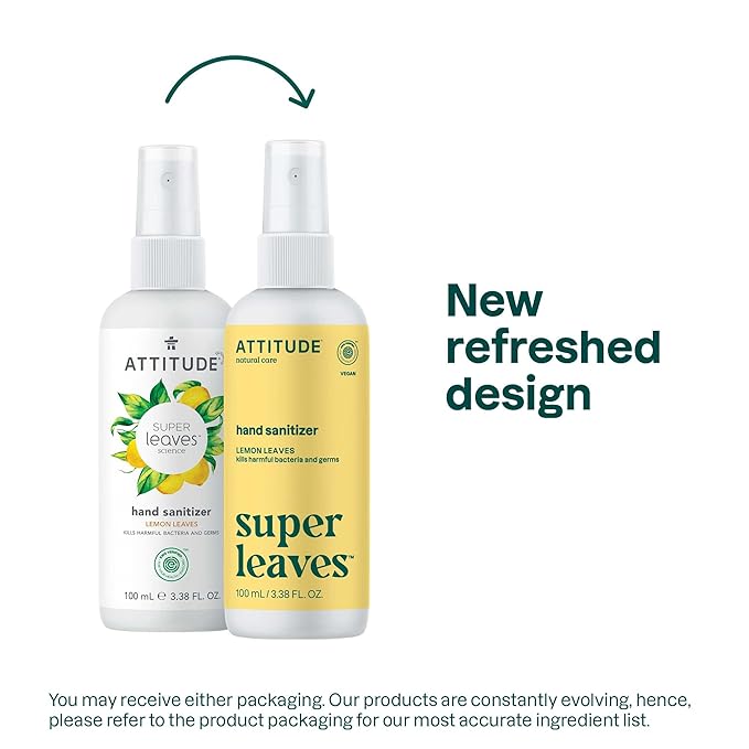 ATTITUDE Hand Sanitizer Spray for Adults and Kids, EWG Verified, Kills Bacteria and Germs, Vegan, Lemon Leaves, 3.38 Fl Oz (Spray Bottle) (Pack of 6)