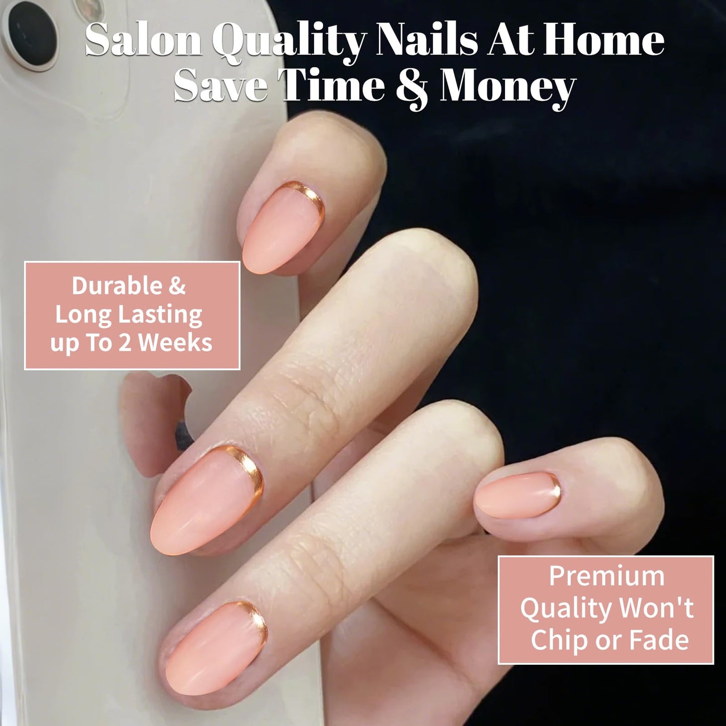 Yibosoar Press On Nails - Glossy, Short Round Fake Nails, Salon Quality | Semi-Transparent Reusable Press On Nails in 15 Sizes - 30Pcs Stick On Nails Kit (Gold Pink)