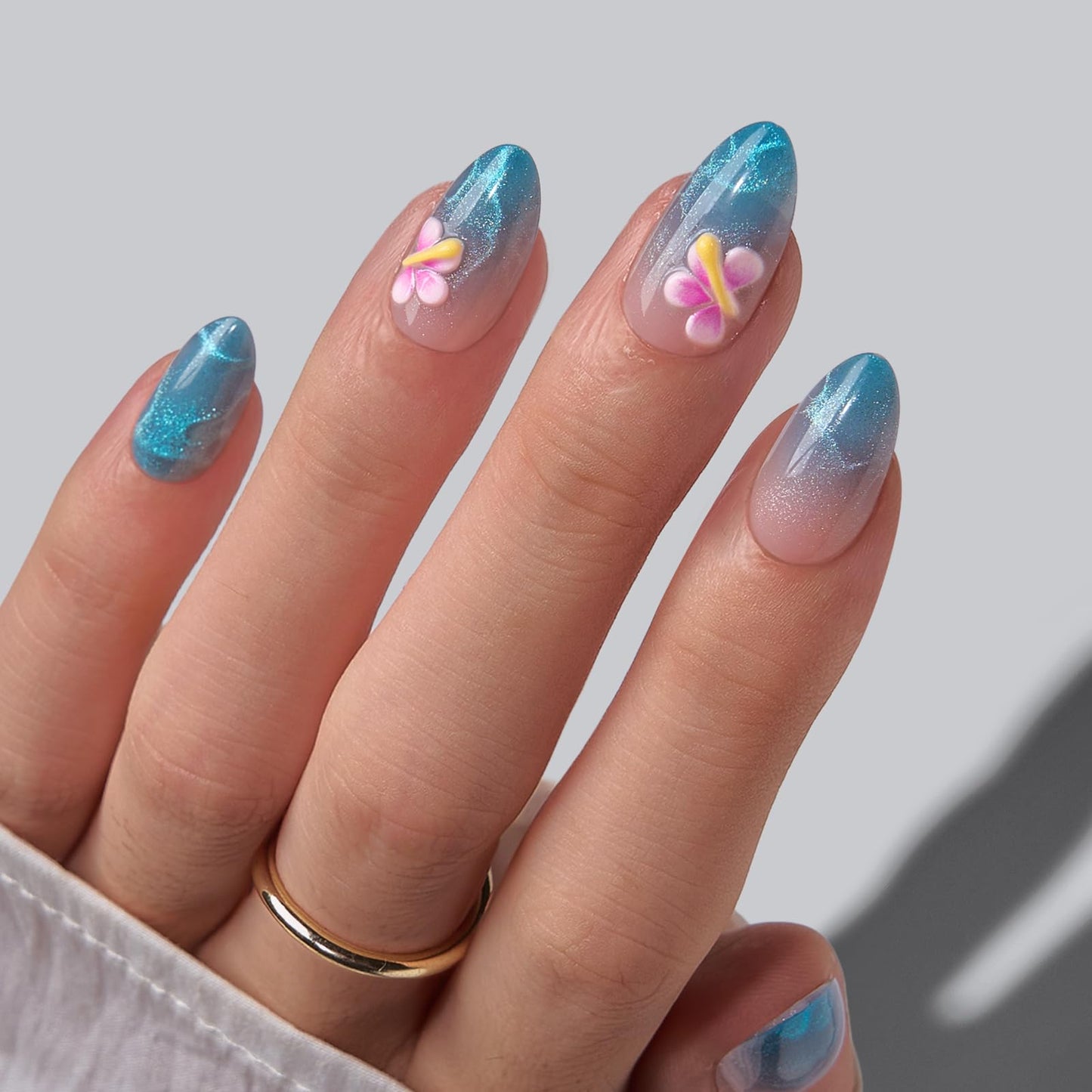 BTArtbox Press On Nails Short - Blue Holiday, Easy-to-Apply 3D Petals Cat Eye Almond Press On Nails with Glue and Adhesive Tabs in 16 Sizes - 32 Nails All-in-One Kit