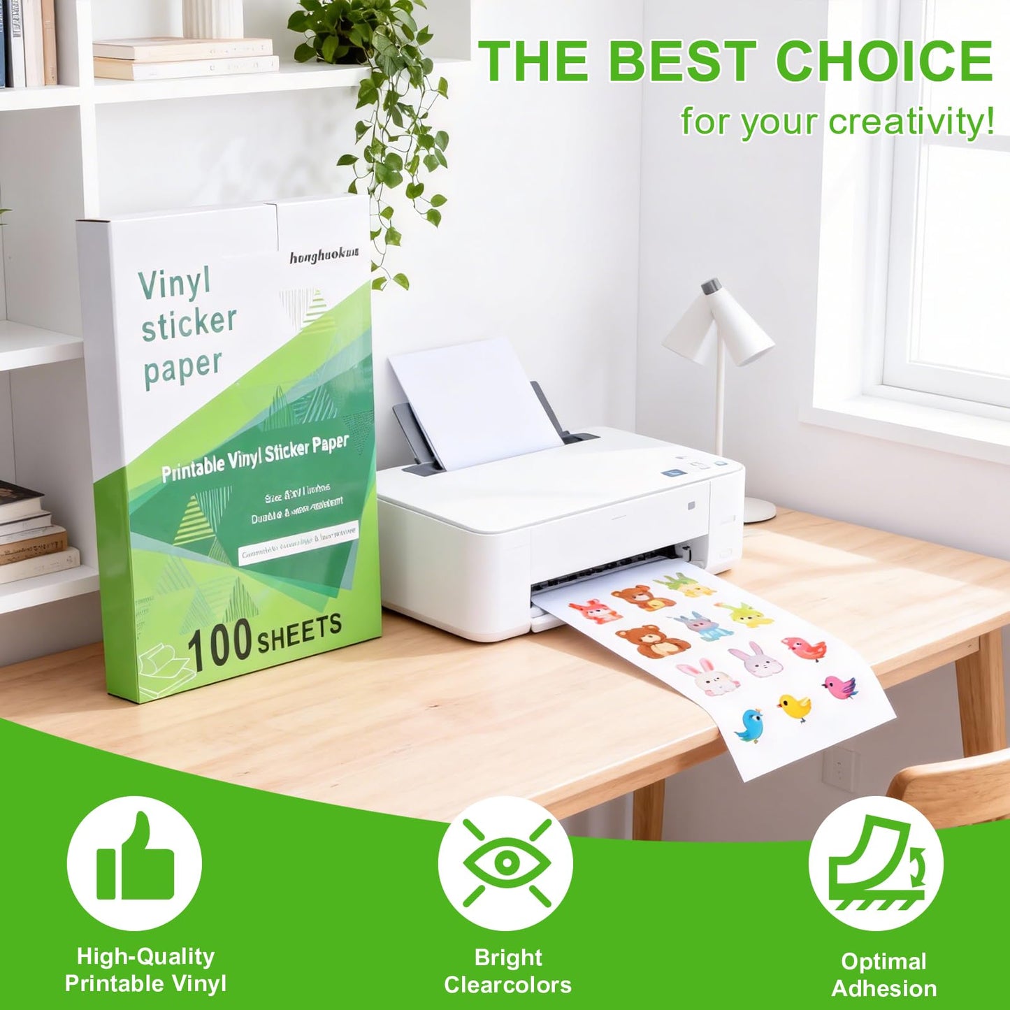 Printable Vinyl Sticker Paper - Waterproof Paper for Inkjet & Laser Printers, 100 Sheets 8.5 x 11 Inches Matte White Self-Adhesive Paper, Fast Dry for DIY Crafts, Labels and Decals