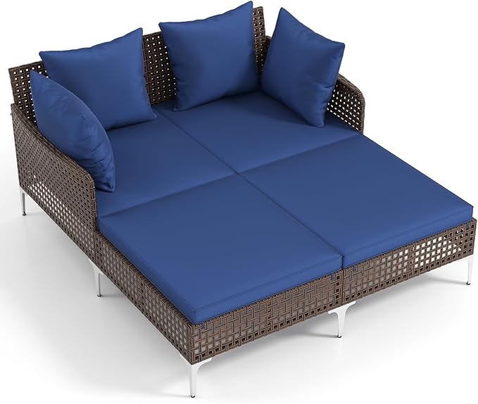 Tangkula Outdoor Rattan Double Daybed, Boho Wicker Chaise Lounge for 2 with Seat & Back Cushions, Outdoor Sunbed Loveseat with Metal Support for Backyard, Poolside & Deck (Navy)