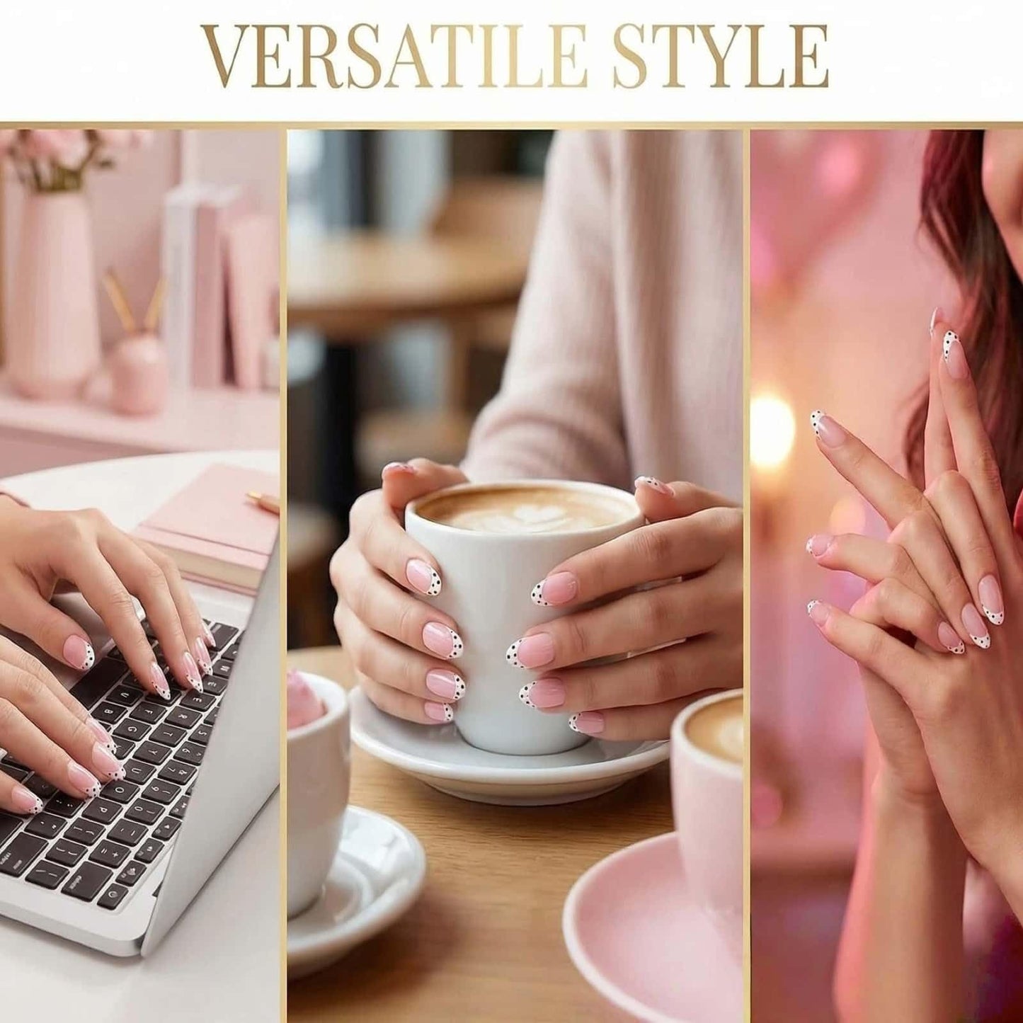 Polka Dot Press On Nails Medium Almond Fake Nails Nude Pink French Tips with Black & White Polka Dot Design Glossy Glue on Nails Reusable Artificial Nail Full Cover Sticker on Nails for Women 24 Pcs