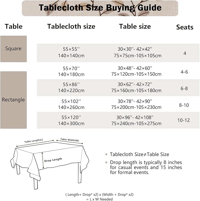 Joyfol Day Rectangle Linen Tablecloth, Heavy Duty Waterproof Tablecloths, Farmhouse Embroidery Leaves Table Cloth with Tassels, Soft Wrinkle Free Table Cover, Coffee Vines, 55''x 70''
