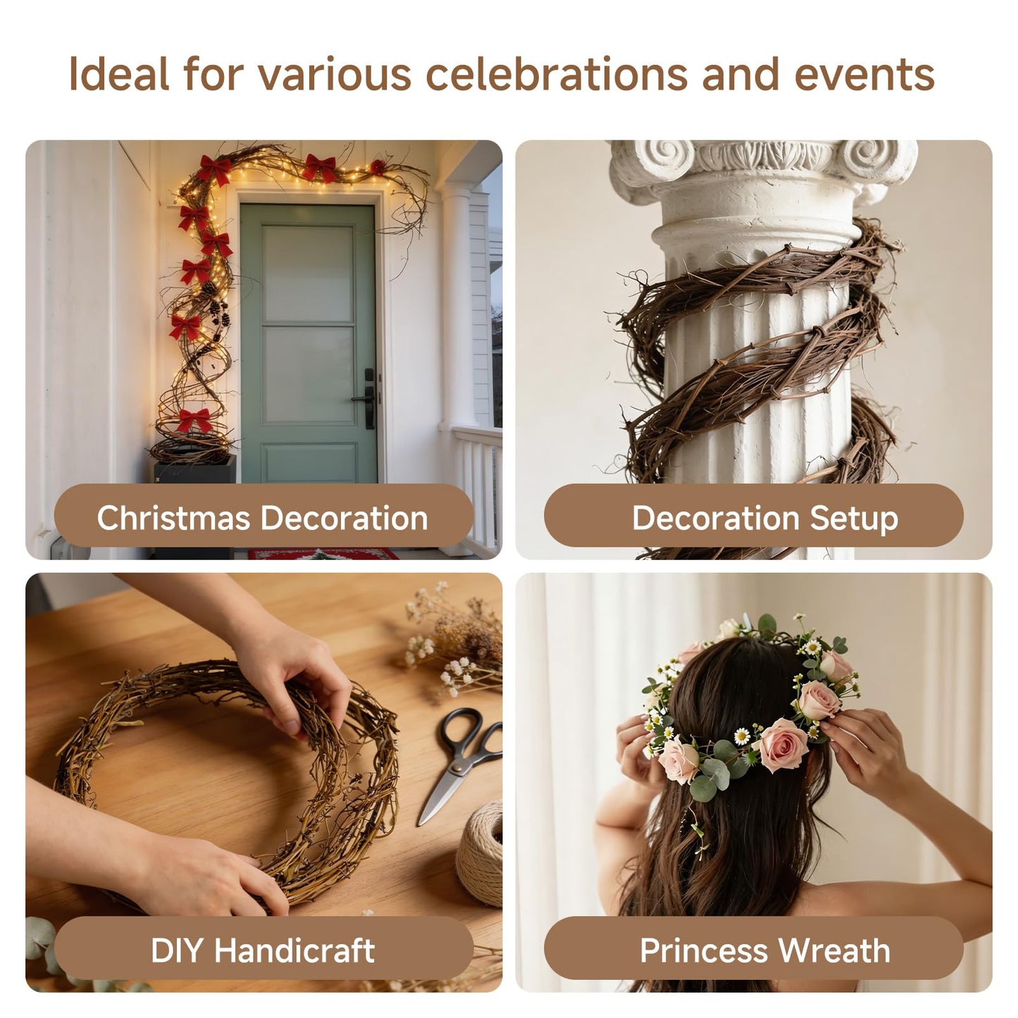 7 Pack Natural Grapevine Garland, 15 Ft Per Roll Total 105 Ft Flexible Bendable Twig Vine Strips for Wreath Making DIY Crafts Home Wedding Christmas Garden Decoration