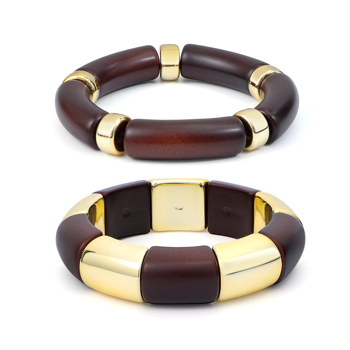 GOOJIDS Simple Beaded Gold Plated Bangles Bracelet Chunky Bamboo Tube Curved Stacking Clear Acrylic Colorful Beads Stretchable Gold Plated Bracelets Set For Women (T-Dark Brown 2 set)