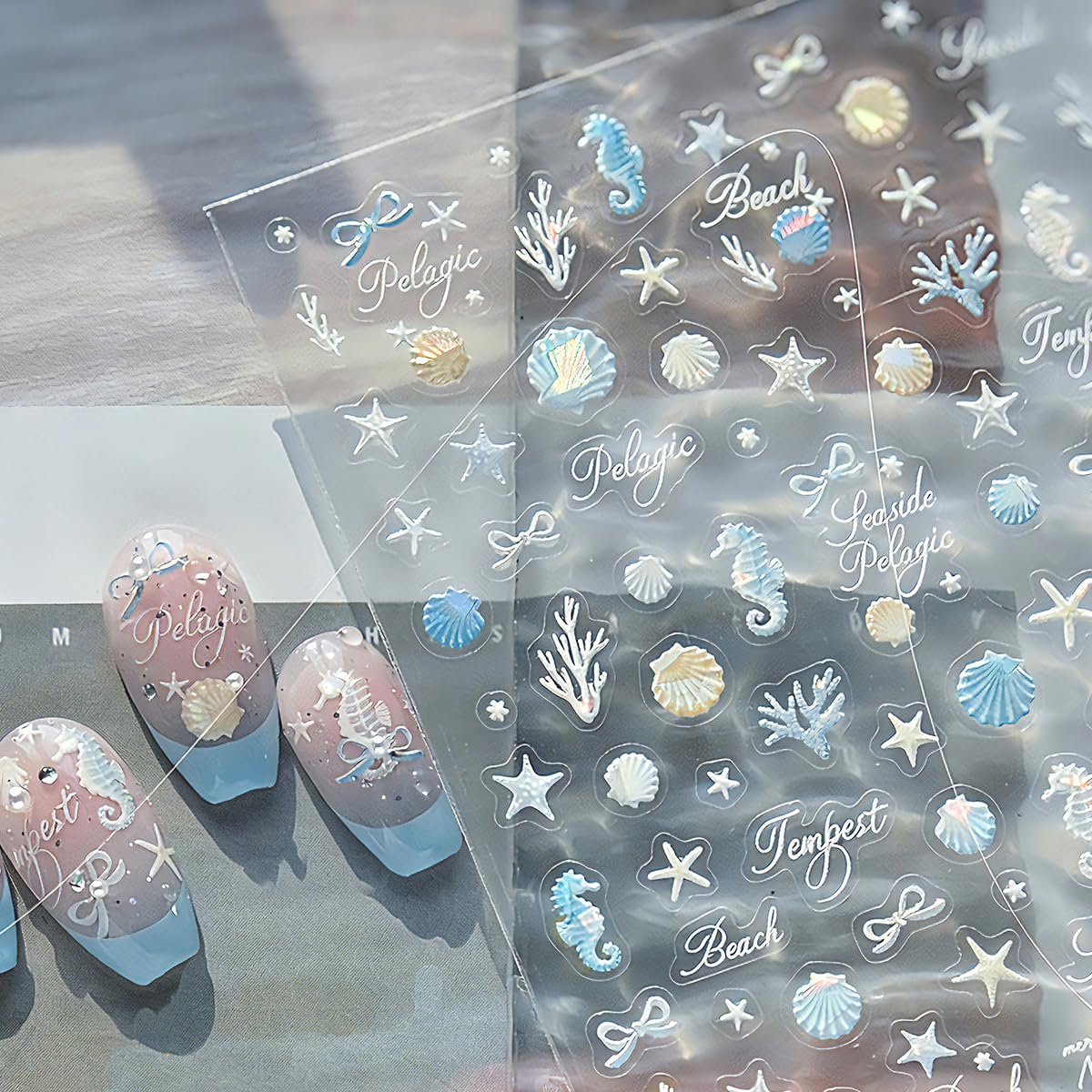 Summer 3D Embossed Nail Stickers - Blue Aurora Ocean Life Design, Self-Adhesive Nail Art Decals for Women, DIY Manicure Supplies 1 Sheet