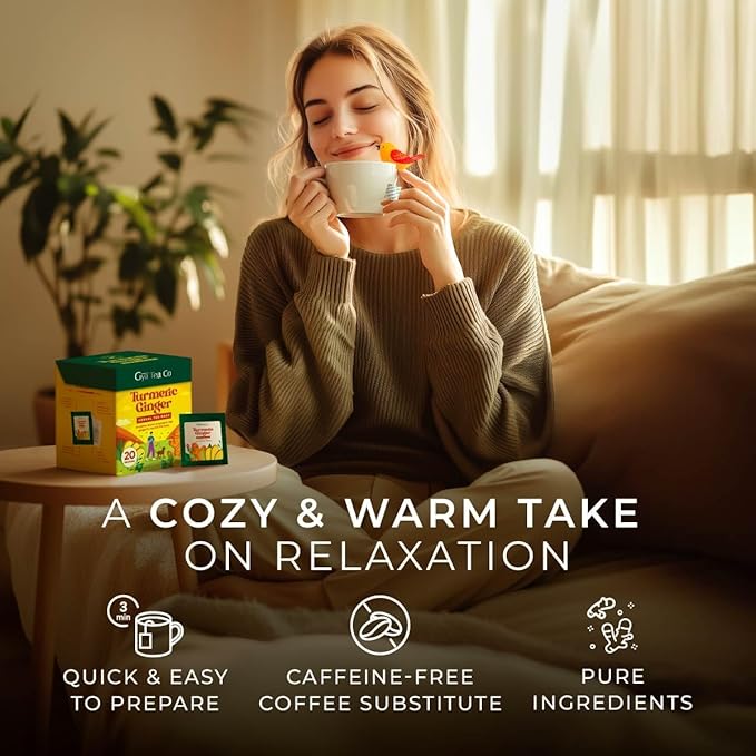 Gya Tea Co Turmeric Ginger Herbal Tea Bags (20 Bags) - Caffeine Free with a Tangy Flavor for All Day Comfort, Calming, Relaxing & Nourishing - Fruit & Herbal Blends