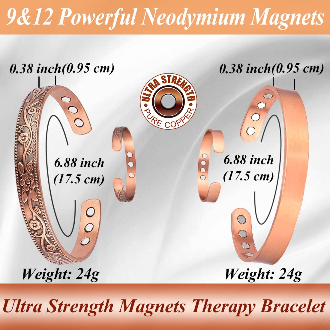 Cigmag 2PCS Copper Bracelets for Women Pure Copper Bracelet Cuff Bangle Strength Magnets Adjustable