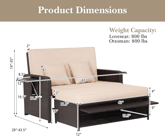 LDAILY Moccha Outdoor Daybed, Wicker Loveseat Sofa Set with 4-Postion Adjustable Backrest, Storage Ottoman, Cushions, Rattan Double Bed Lounger, Patio Furniture Set (Beige)
