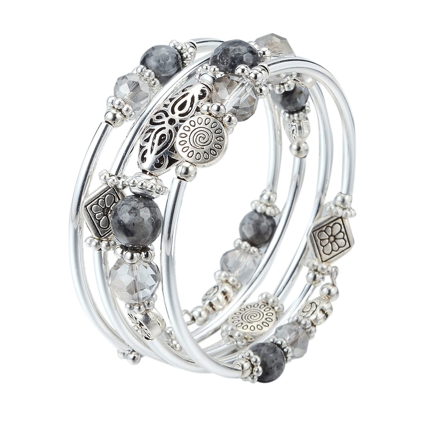 FULU AUTUMN Stackable Beaded Bracelets for Women Boho Wrap Silver Bracelet Layered Fashion Jewelry Gifts for Her(Grey)