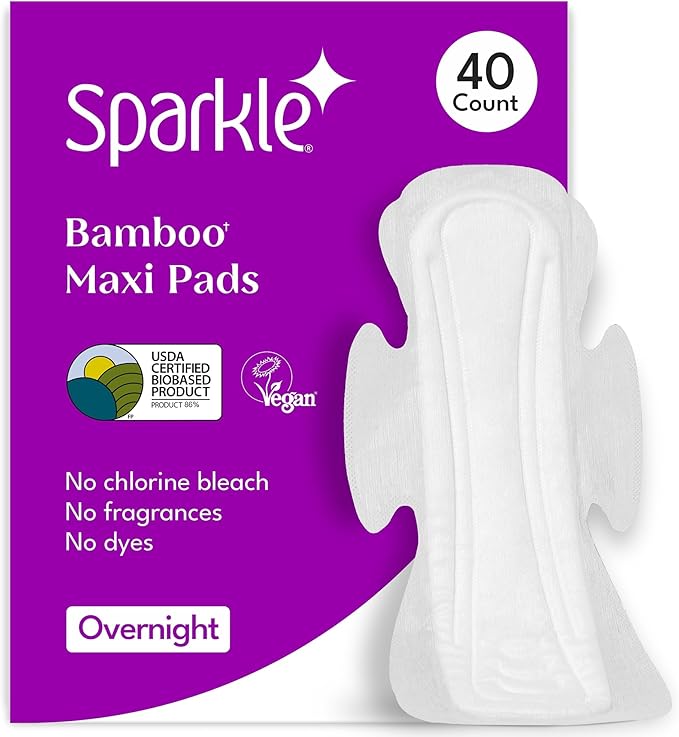 Sparkle Bamboo Maxi Pads | Plant-Based Feminine Hygiene Pads for Women | Super Soft & Leak-Proof with Wings | USDA Certified Biobased, Chlorine-Free, Hypoallergenic Protection | Overnight, 40 Count