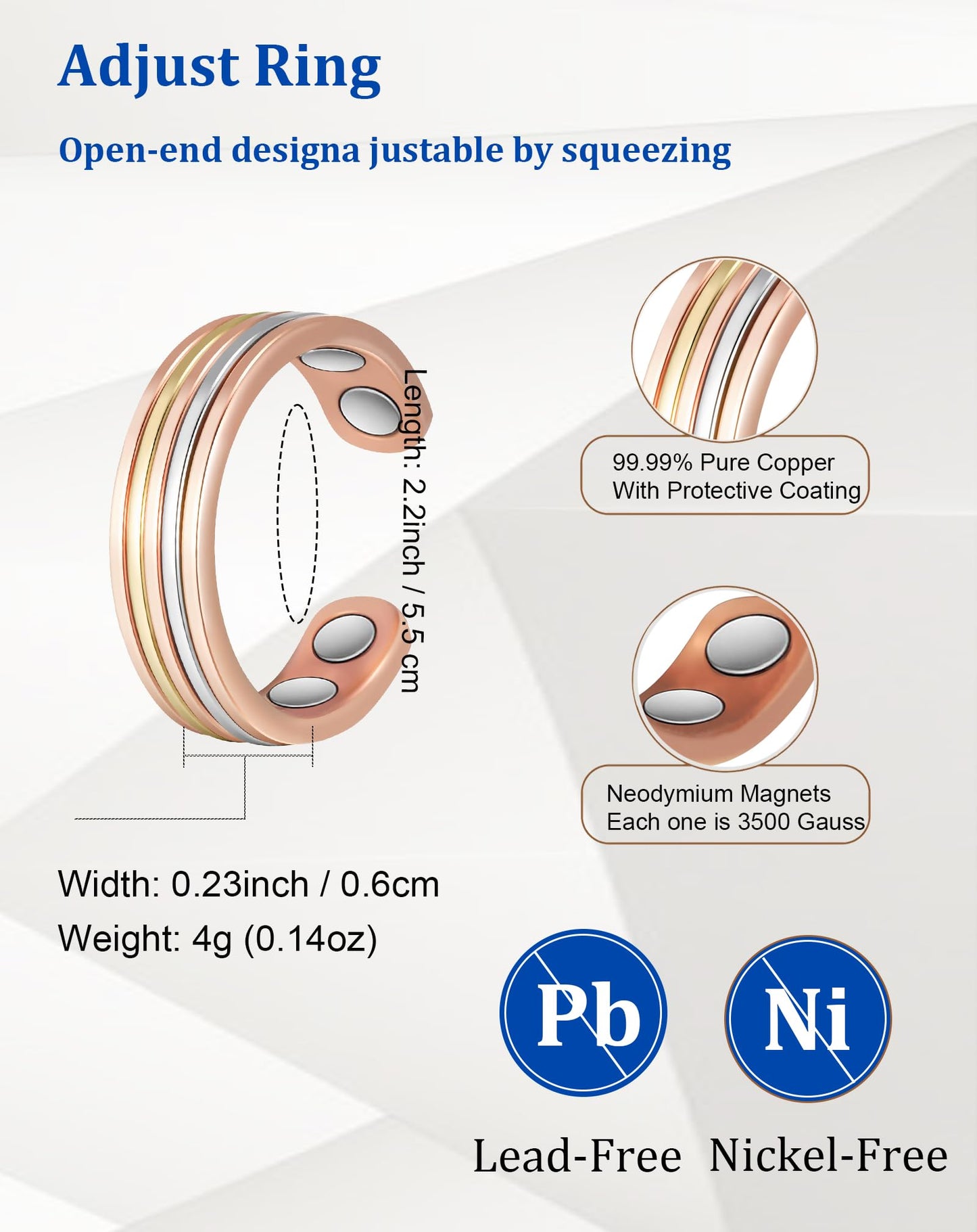 MagSølv Copper Rings for Women, 99% Pure Copper Adjustable Magnetic Ring with 3500 Gauss, Tricolor Gold Jewelry Gift