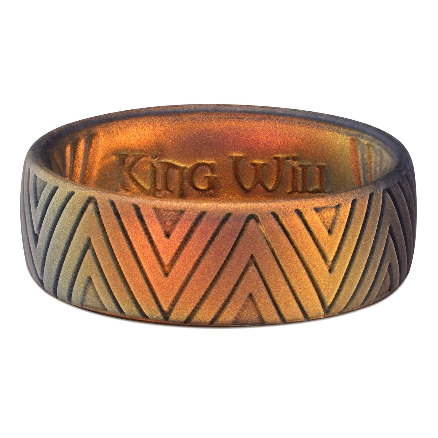 King Will Silicone Wedding Rings For Men, 6.6mm Wide 1.8mm Thick Triangular Pattern Design Rubber Wedding Bands, 3 Pcs Gold/Gray/Orange per Pack, Breathable Design, Comfort Fit Size 7