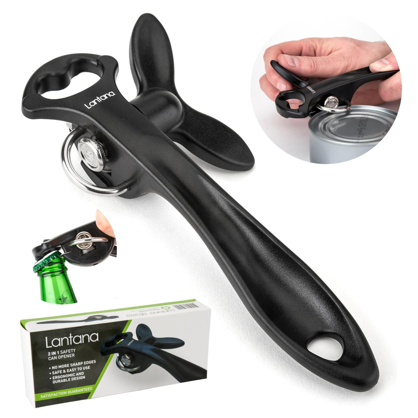 Lantana Smooth Edge Can Opener with Bottle Cap Lifter - Hand Held Manual Safety Tin Opener - Black/Stainless Steel