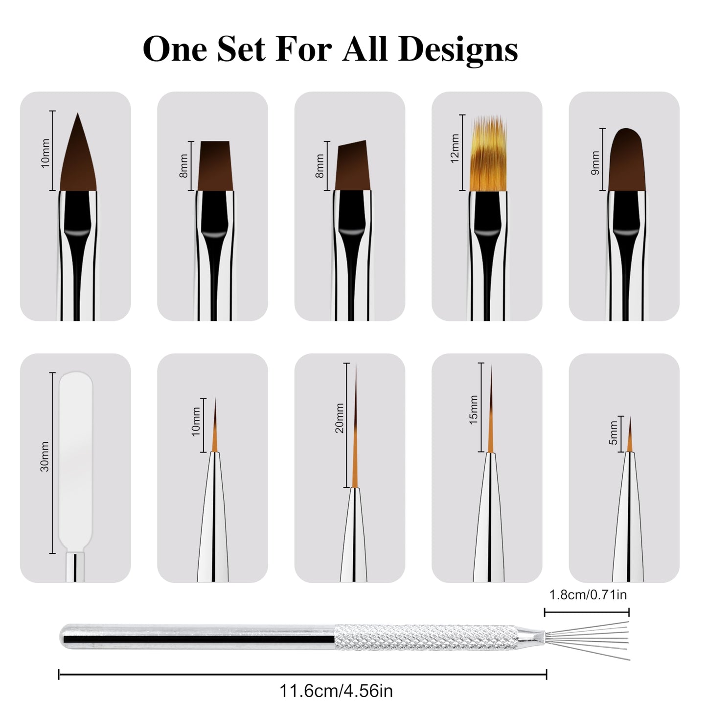 Aridito One 7-Pin Stainless Steel Nail Tool And 5pcs Double-Ended Nail Art Brushes Set With 5/10/15/20mm Liner Brushes, Gel Taking, Ombre/Flat/3D/Oval/Angled Brushes For DIY Manicures & Salons