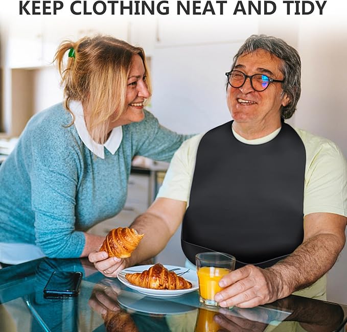 Adult Bibs for Men, Women, Elderly- Silicone Adult Bib for Eating - Washable Bibs with Crumb Catcher (Black)