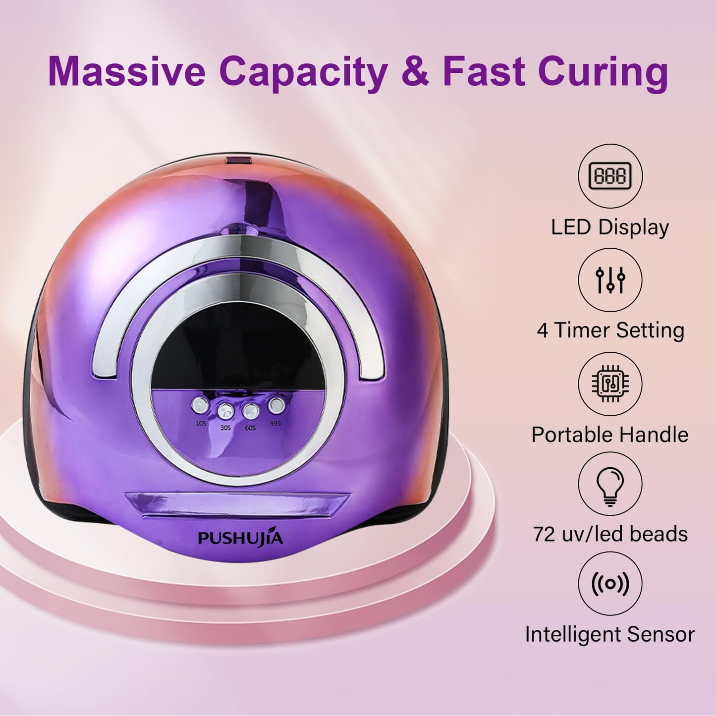 PUSHUJIA 300W Professional Nail Lamp - Fast Curing, Auto Motion Sensor, 4 Timer Settings, 72 LED Even Coverage for Gel Polish - Salon & Home Use