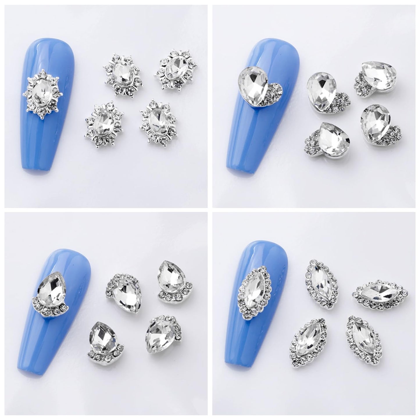 SILPECWEE 20pcs 3d Nail Rhinestone Gems Silver Nail Charms Clear Crystal for Nails Diamond Flat-back Alloy Nail Art Charms Nail Studs Nail Jewels Decoration for DIY Salon Manicure Accessories