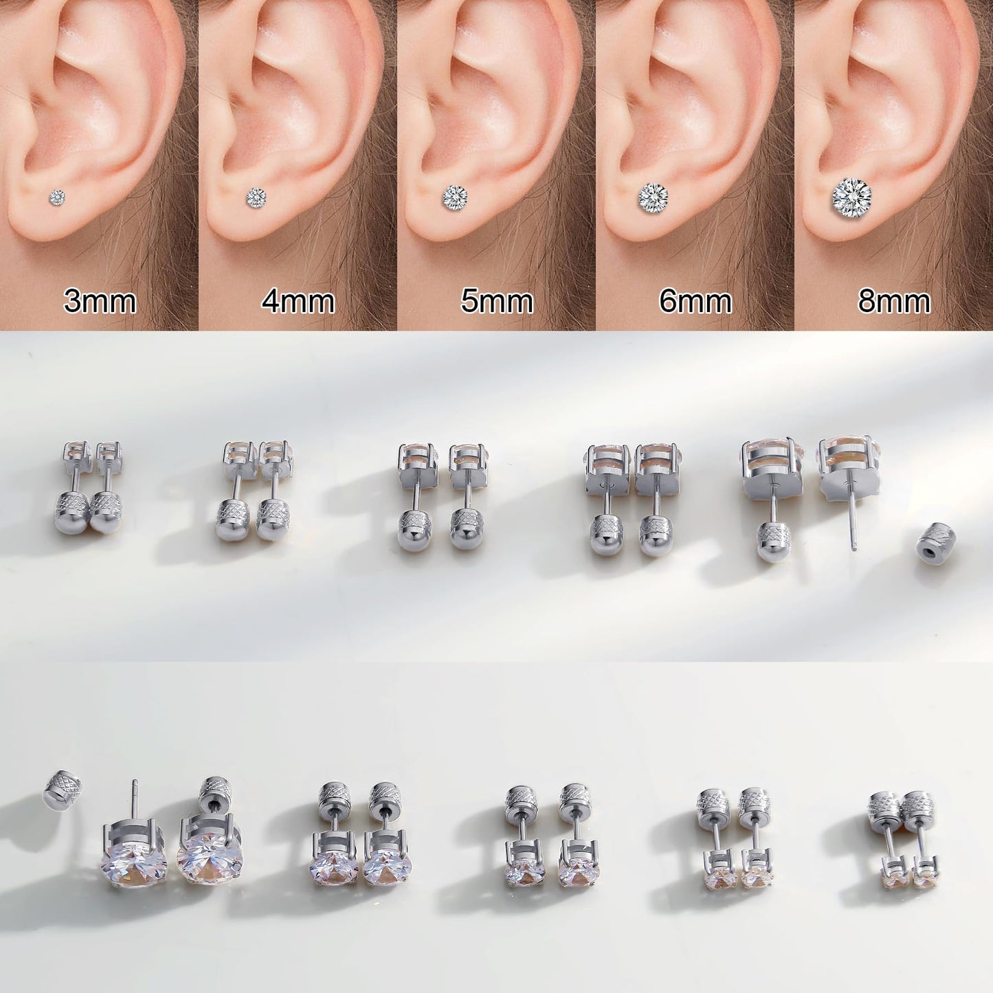 Hypoallergenic Threadless Flat Back Earrings,1 Pairs Cartilage Stud for Women Men Titanium Post 20G None Screw Easy Push in Gold Black Silver Stainless Steel Flatback with CZ 3-8mm (Silver Stud, 6mm)