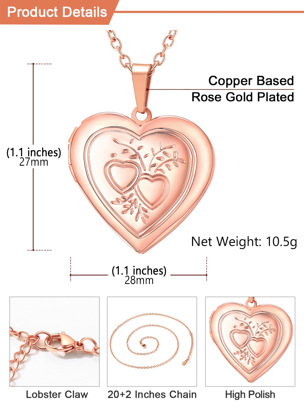 U7 Women Rose Gold Plated Heart & Heart Photo Locket Necklace That Hold Picture, with Gift Box