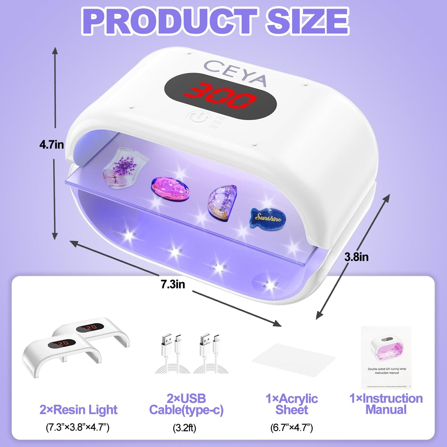 ceya UV Light for Resin,Double-Sided uv Resin Lamp 36W Fast Curing with 2pcs USB Cable,Digital Display (2M 3M 5M),UV Lamp 360° Coverage for Curing, Molds, Jewelry Making, DIY Craft