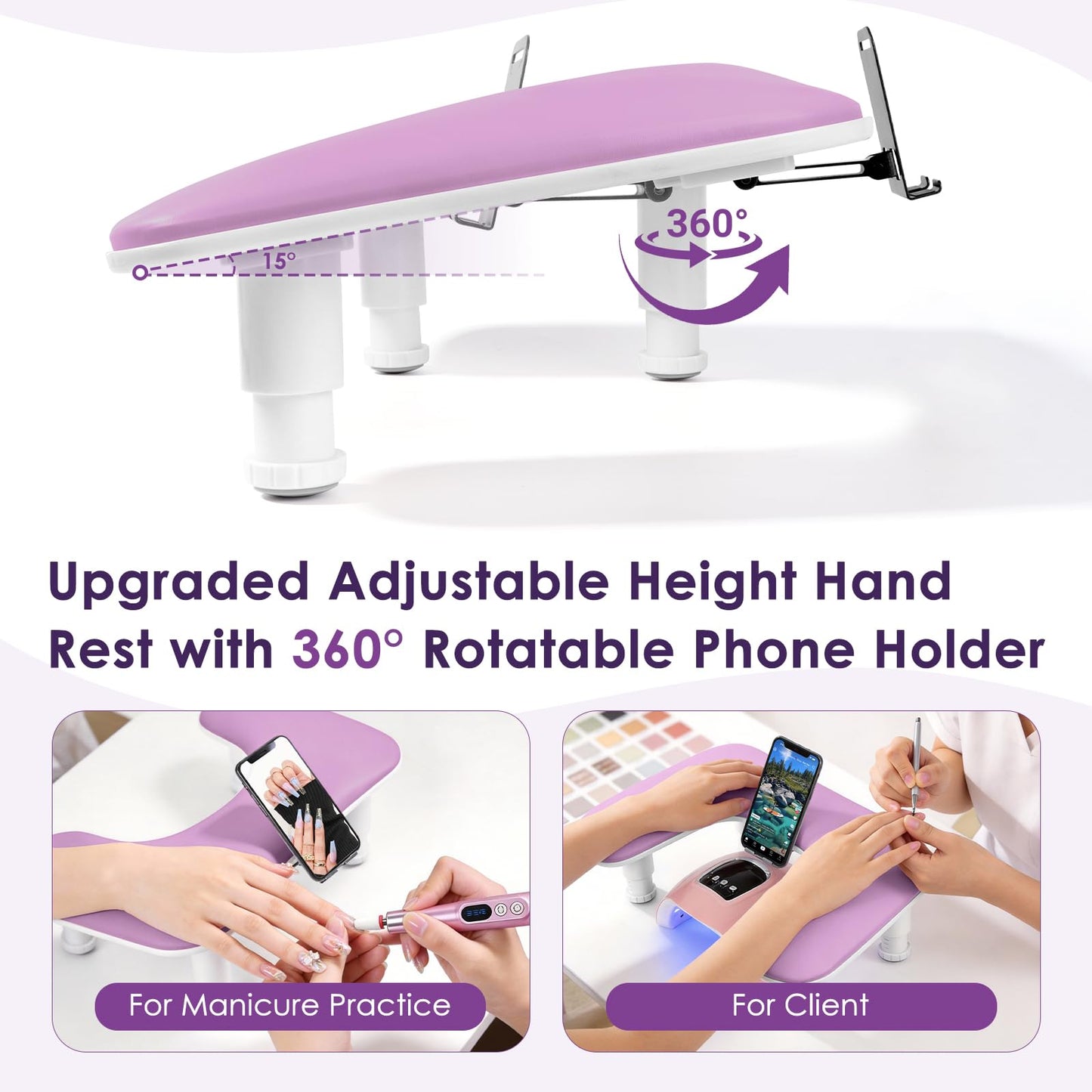 LIONVISON Arm Rest for Nails Tech: U Shaped Adjustable Height Ergonomic Nail Hand Rest Stand PU Leather with Rotating Phone Holder for Nail Salon Manicurist (Puprle)