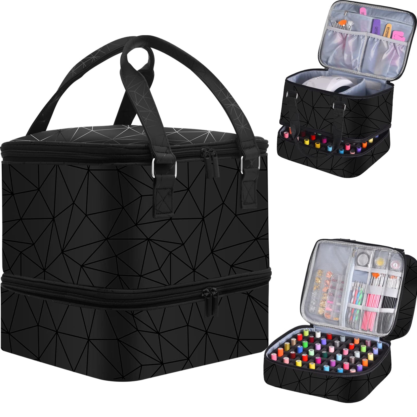 FCQQYWZ Nail Polish Organizer Case - Holds 42+ Bottles (15ml/0.5 fl.oz) and 1 Nail Lamp, Upgraded Double-layer Nail Polish Carrying Case Nail Storage Bag with Handles (Black)